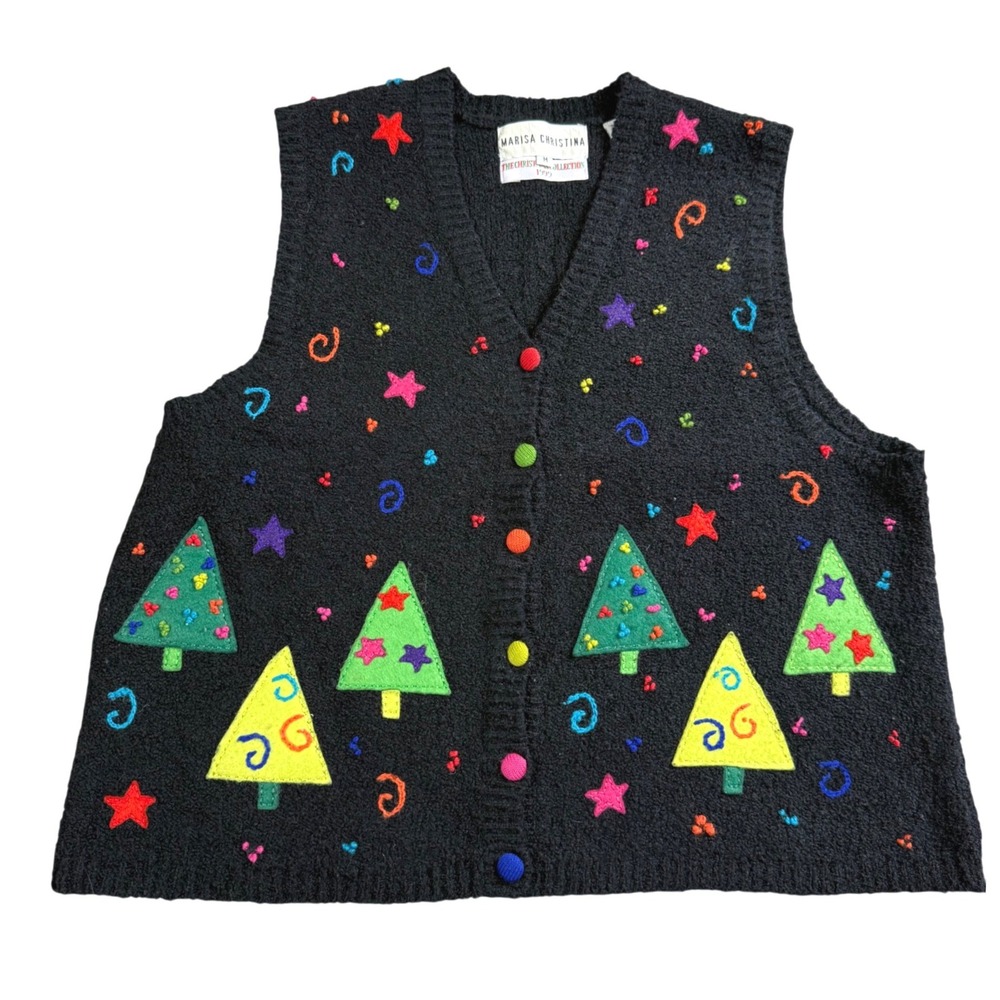 Vintage 2000 Christmas Sweater Vest Womens Medium Trees Black Marisa Christina